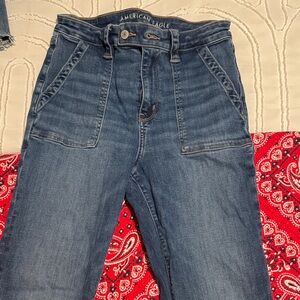 American Eagle Outfitters Women's High-Rise Dark Blue Flare Utility Jeans